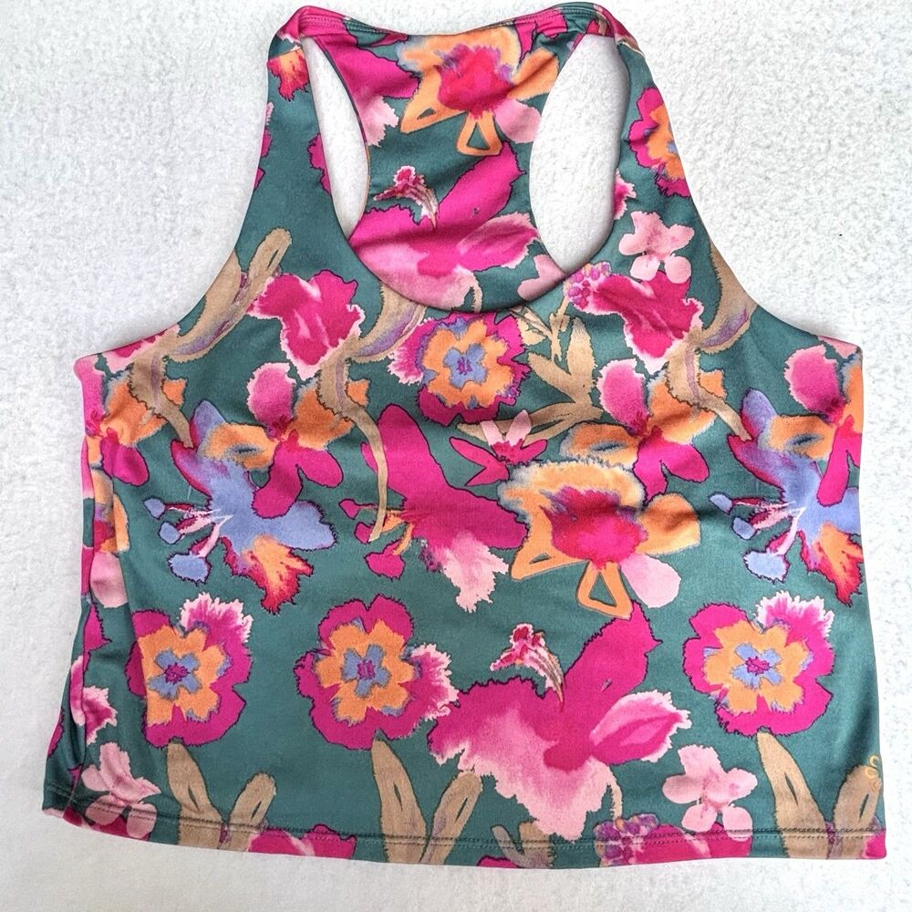 Pro Player Women’s L Racerback Crop Tank Top Moisture Wicking Teal Pink Floral